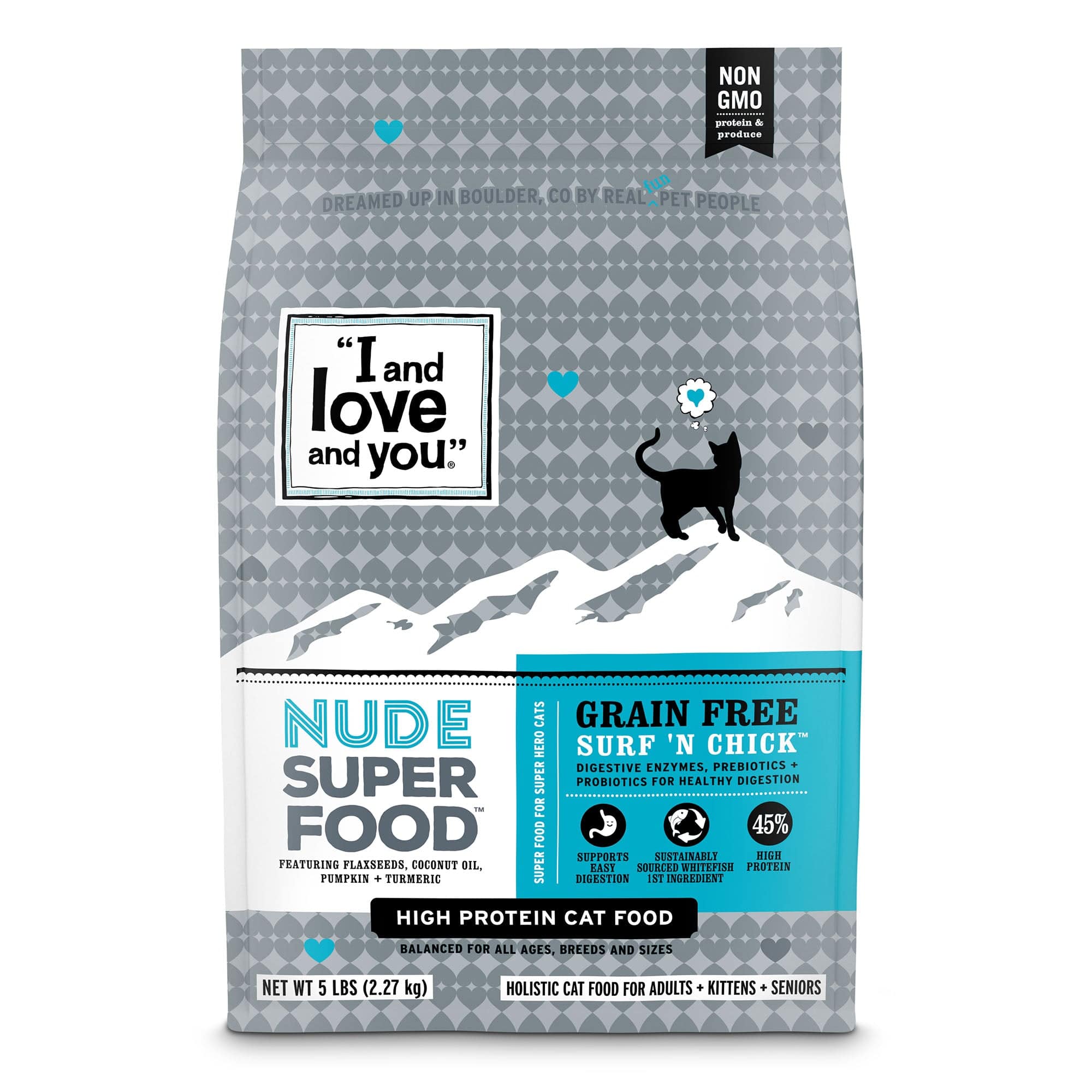 Nude Super Food - Surf 'n Chick bag next to a black cat and a sign with text, showcasing premium cat kibble ingredients.