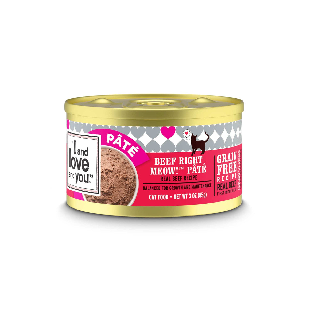 A can of beef pâté cat food with a silhouette of a cat and a white sign.