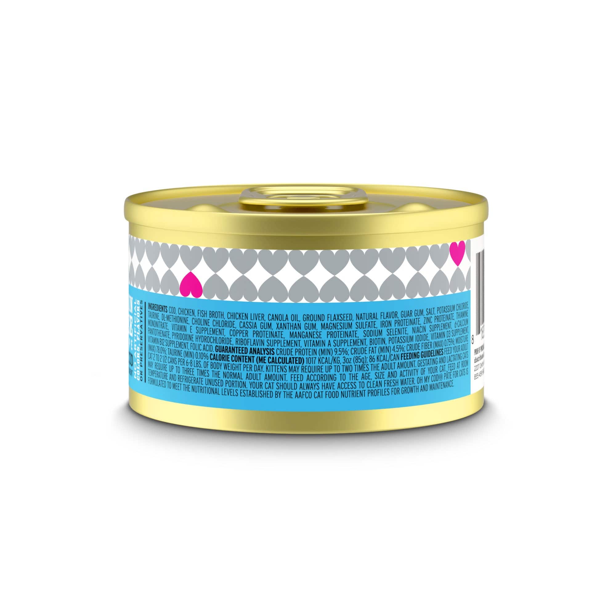A close-up of a can of Oh My Cod! Pâté cat food with a label and lid, showcasing a gold object and heart shapes.
