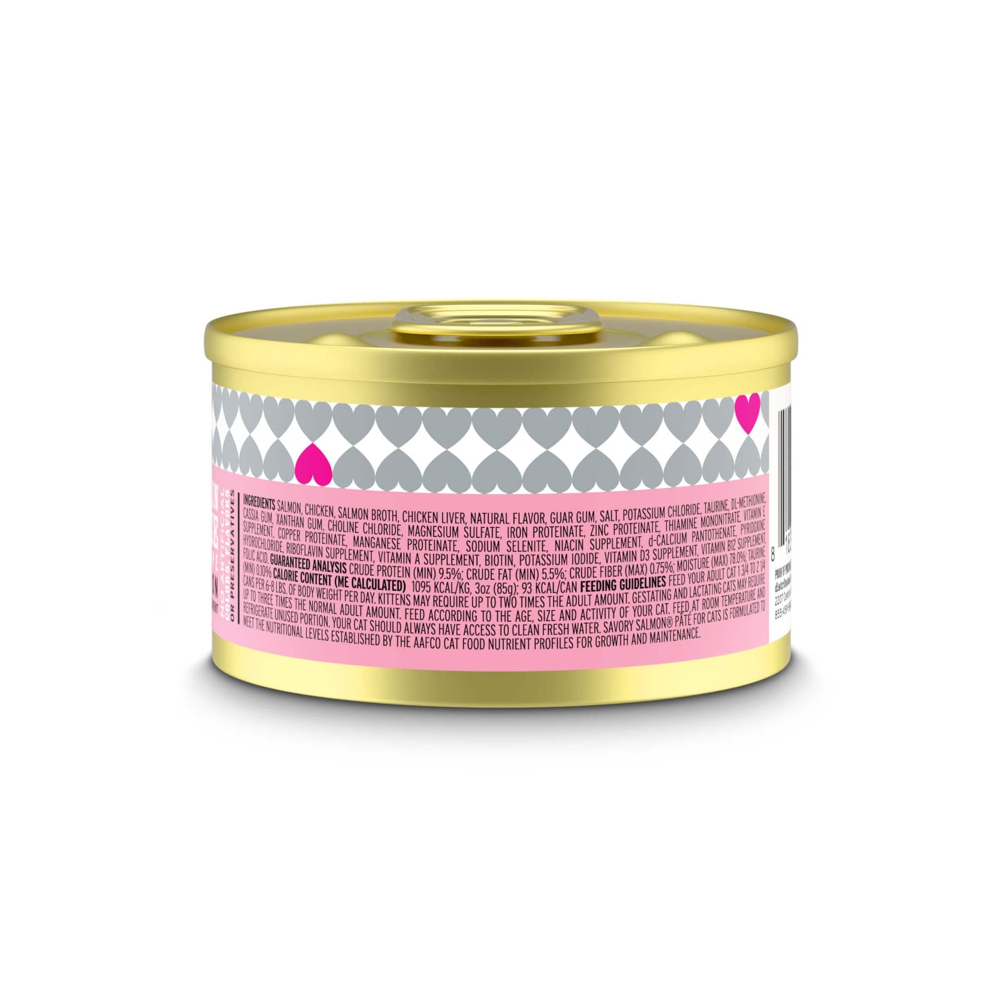 A close-up of a can of savory salmon pâté cat food with a gold lid.