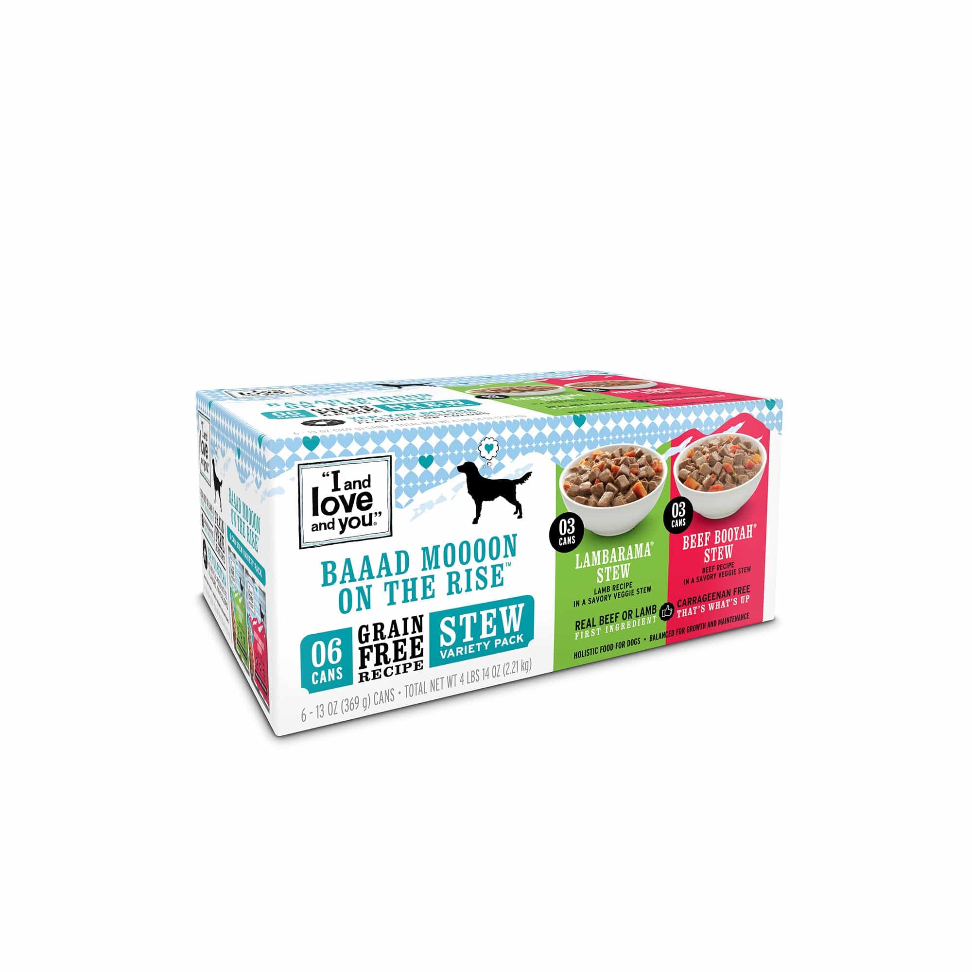 A variety pack of canned wet dog food, including Beef Booyah and Lambarama flavors.