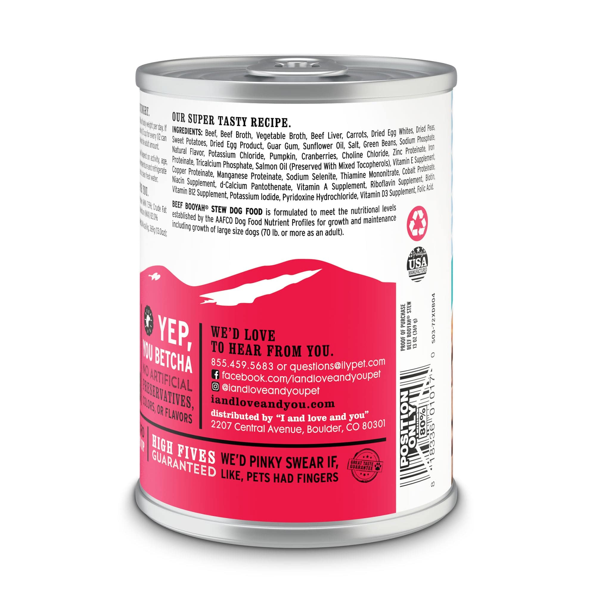 Beef Booyah Stew canned wet food for dogs, featuring a label and text, ready to serve up a savory, protein-packed meal.