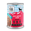 A can of Beef Booyah Stew dog food with label and sign close-ups.