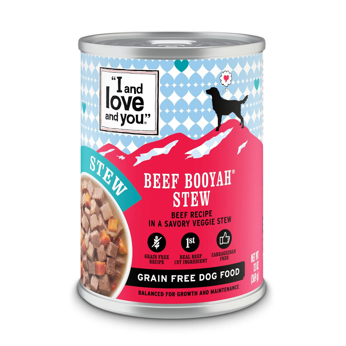 A can of Beef Booyah Stew dog food with label and sign close-ups.