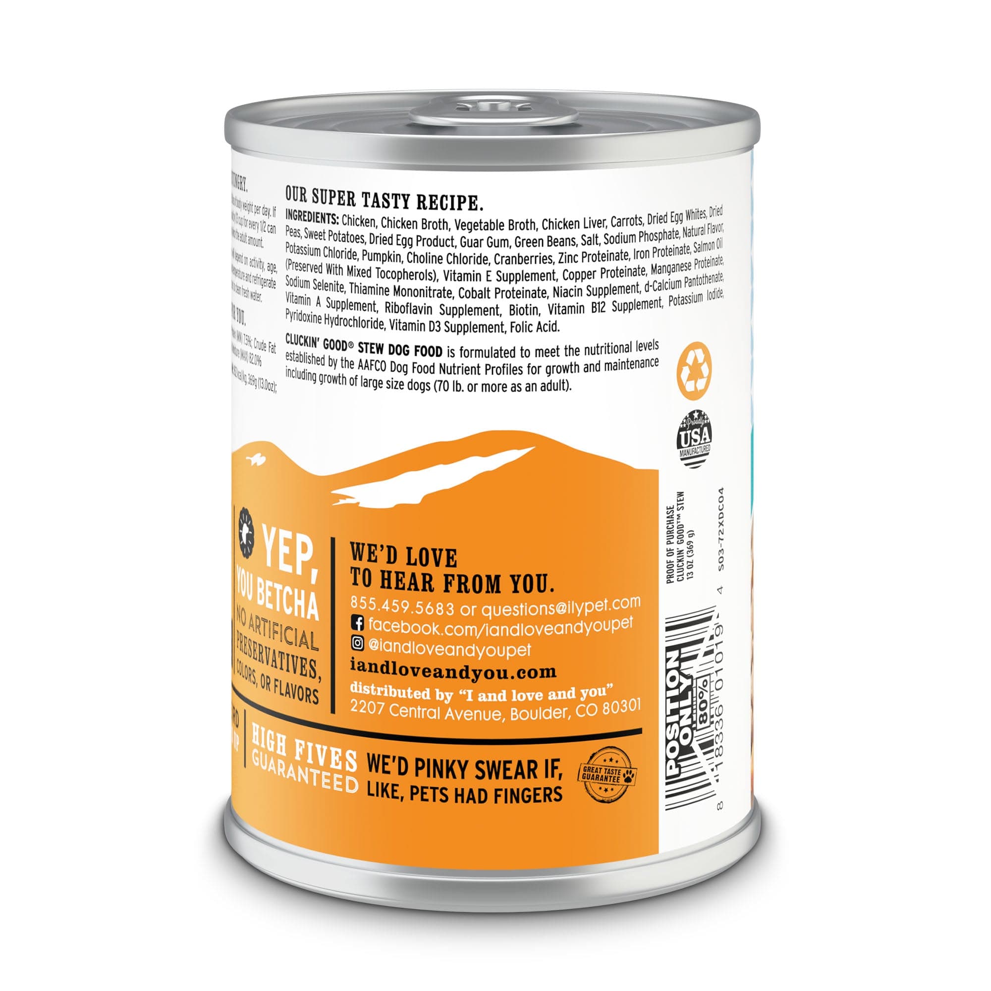 A can of Cluckin' Good Stew dog food, featuring a label with a hot dog logo and paw print stamp. Nutrient-rich ingredients for energetic pups.