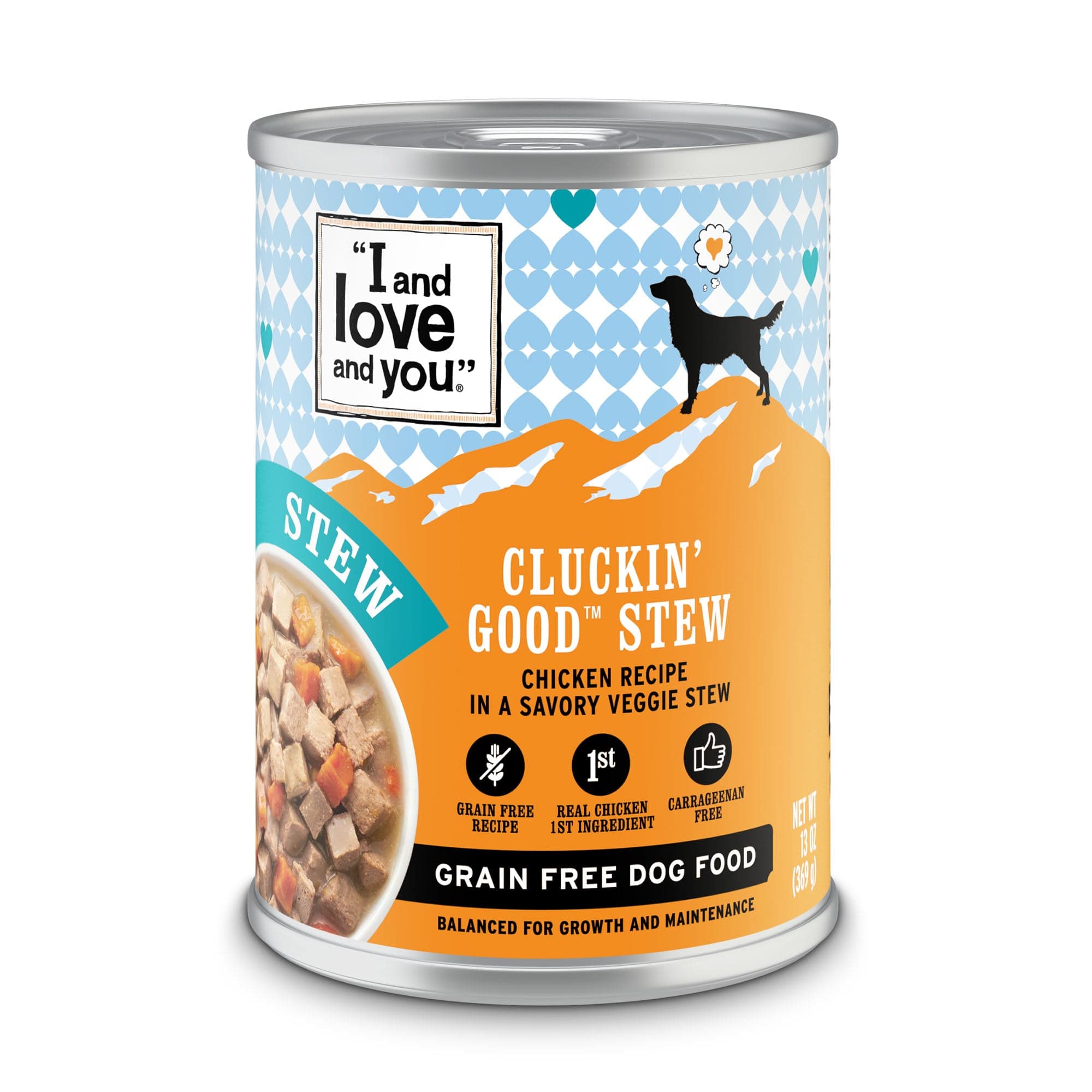 Cluckin' Good Stew canned wet food for dogs with a label.