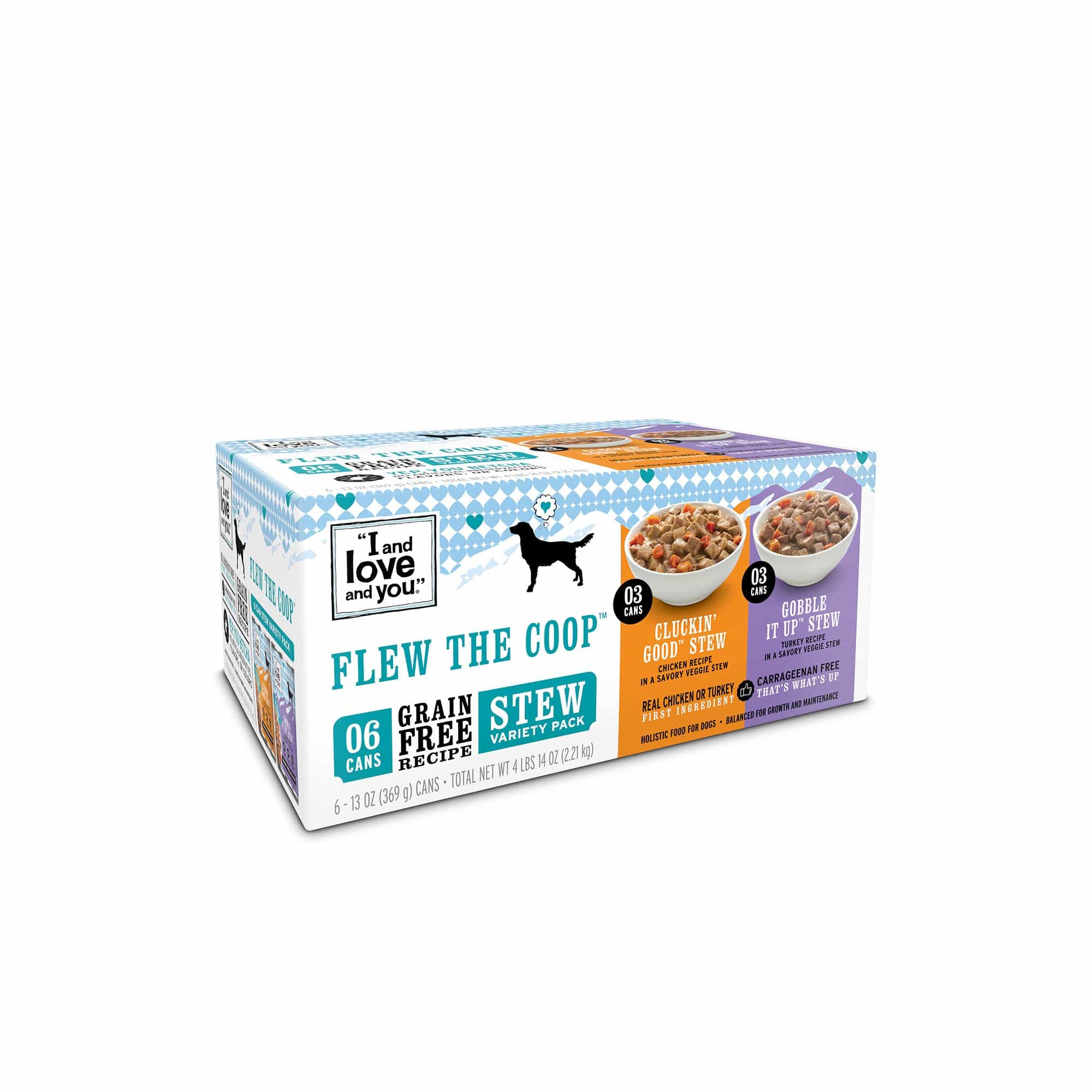 Dog Can Variety-Pack - Flew The Coop: A box of dog food with a variety of poultry-packed canned wet meals, including Cluckin’ Good and Gobble It Up.