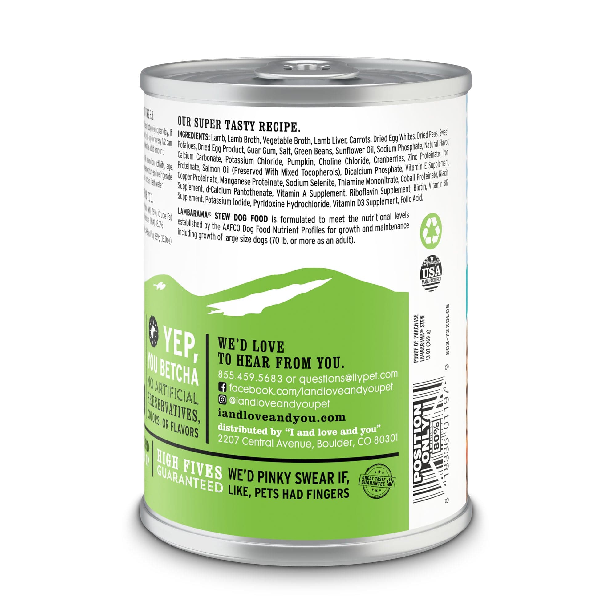 A can of Lambarama Stew, a protein-rich wet food for dogs, featuring a green label with black text. Nutrient-packed for strong muscles and active playtime.