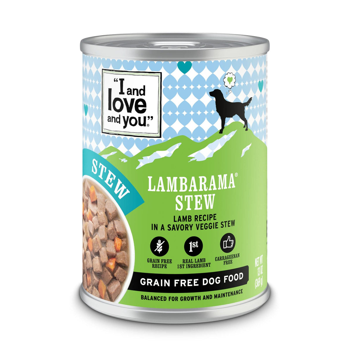 Can of Lambarama Stew dog food with meat and carrots in a bowl.