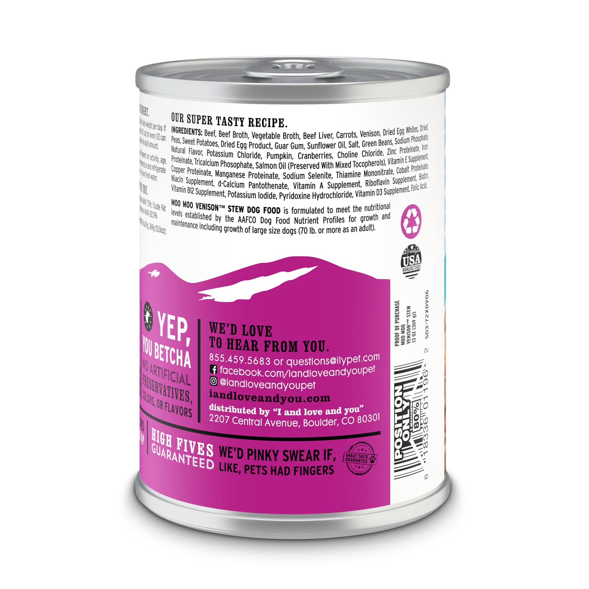 Moo Moo Venison Stew can of wet food for dogs with nutrient-rich ingredients to support organ function and immune system.