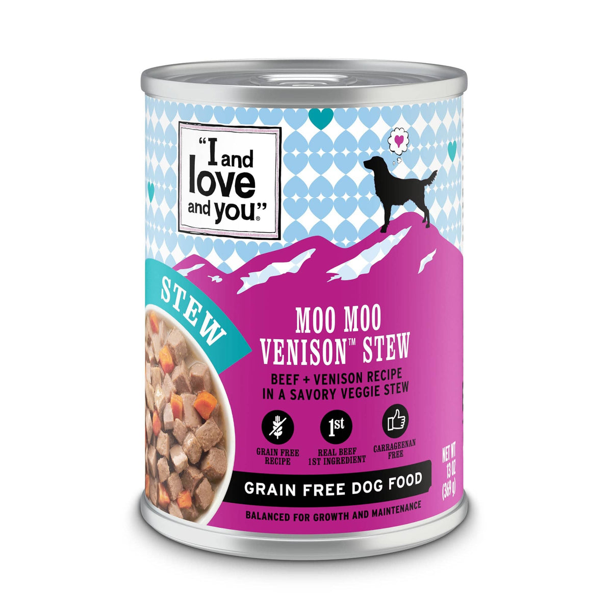 Moo Moo Venison Stew can of dog food with sign, symbol, and silhouette.