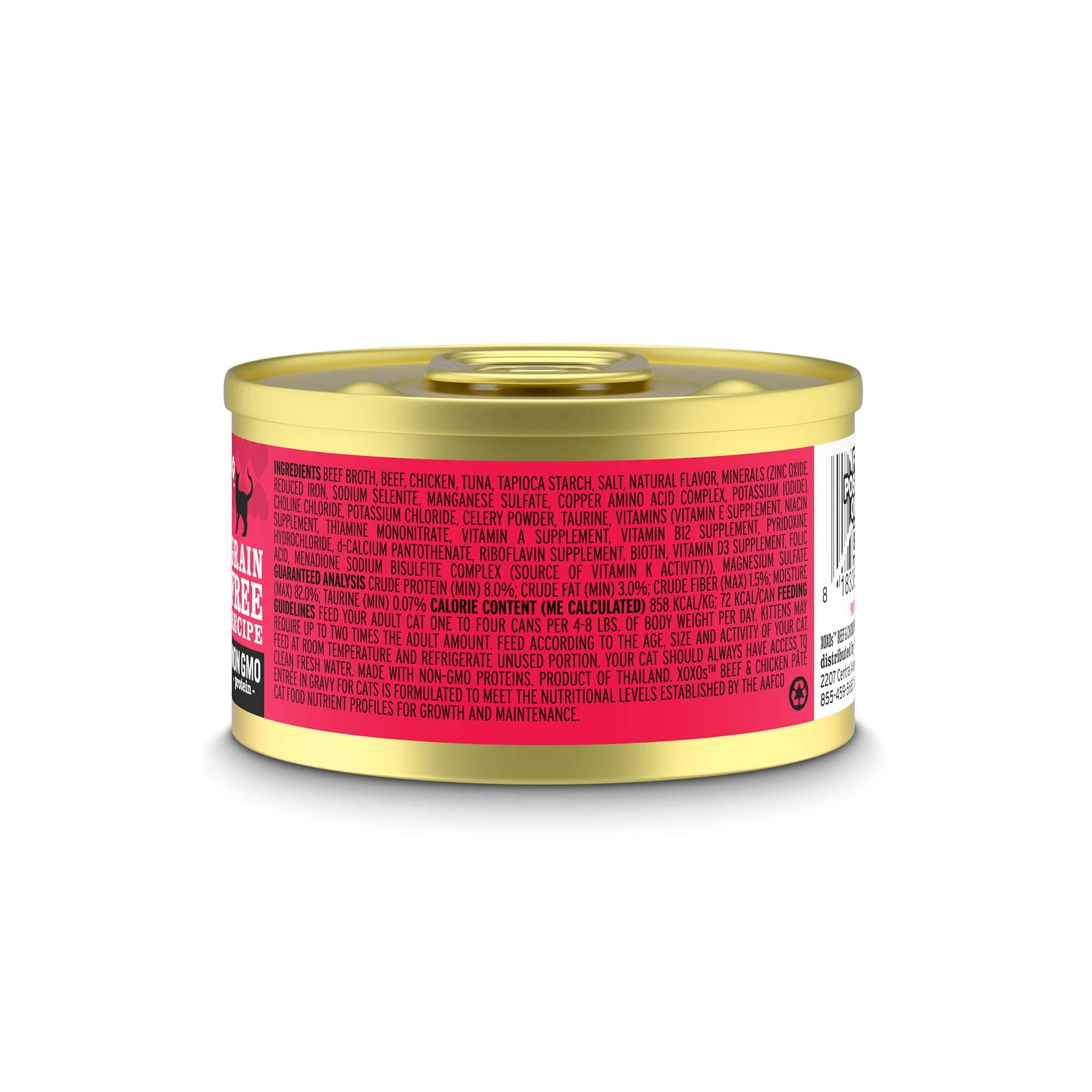 XOXOs Beef & Chicken Pate, a can of savory gourmet cat food with two protein varieties.