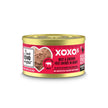 XOXOs Beef & Chicken Pate can of food with label, red sign, white sign, logo, package, and close-up view.