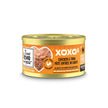 XOXOs Chicken & Tuna Pate can of food with label, close-up of chicken, package of food, and cat food label.