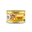 XOXOs Chicken & Tuna Stew can of food with label, yellow rooster, close-up bowl, white sign, heart x, cat-approved flavors.