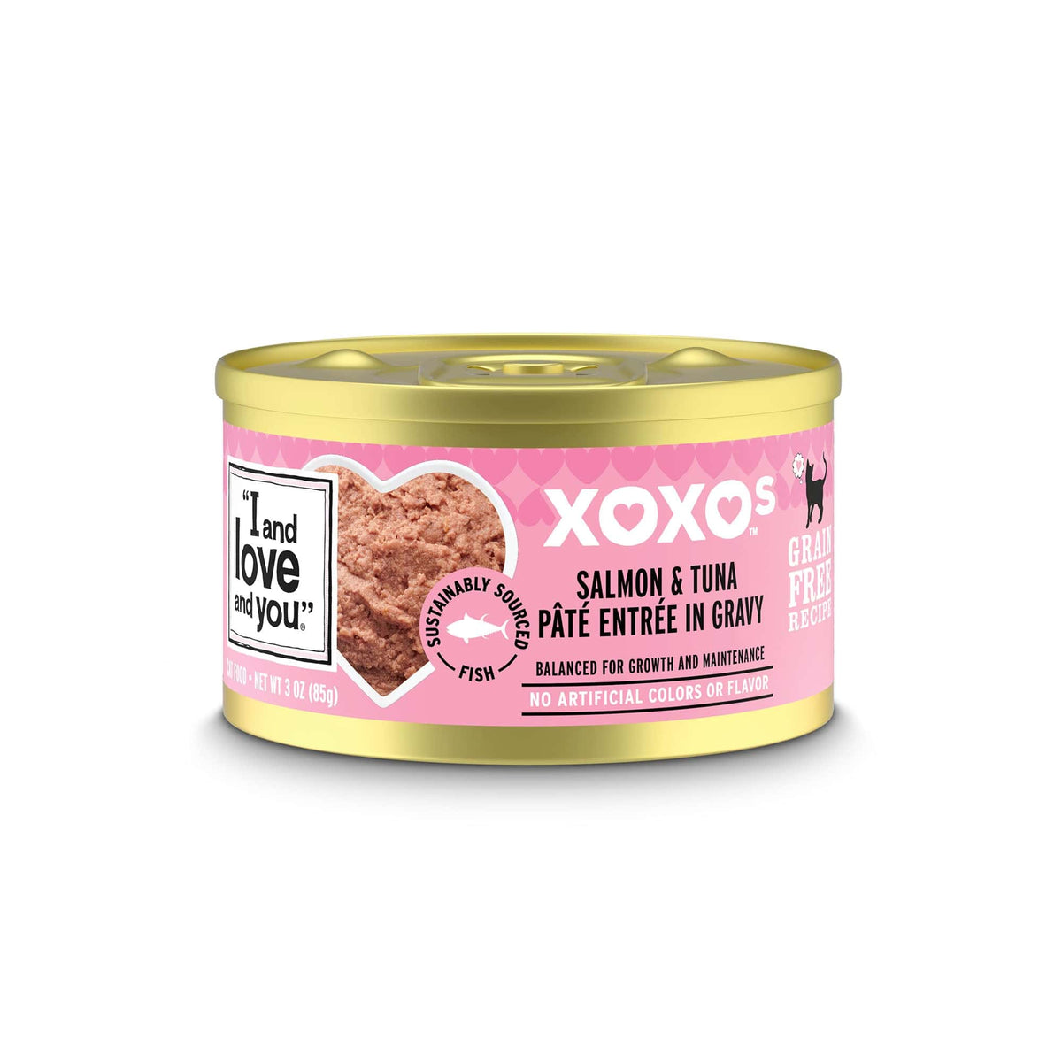 A can of XOXOs Salmon & Tuna Pate with labels and close-up details.