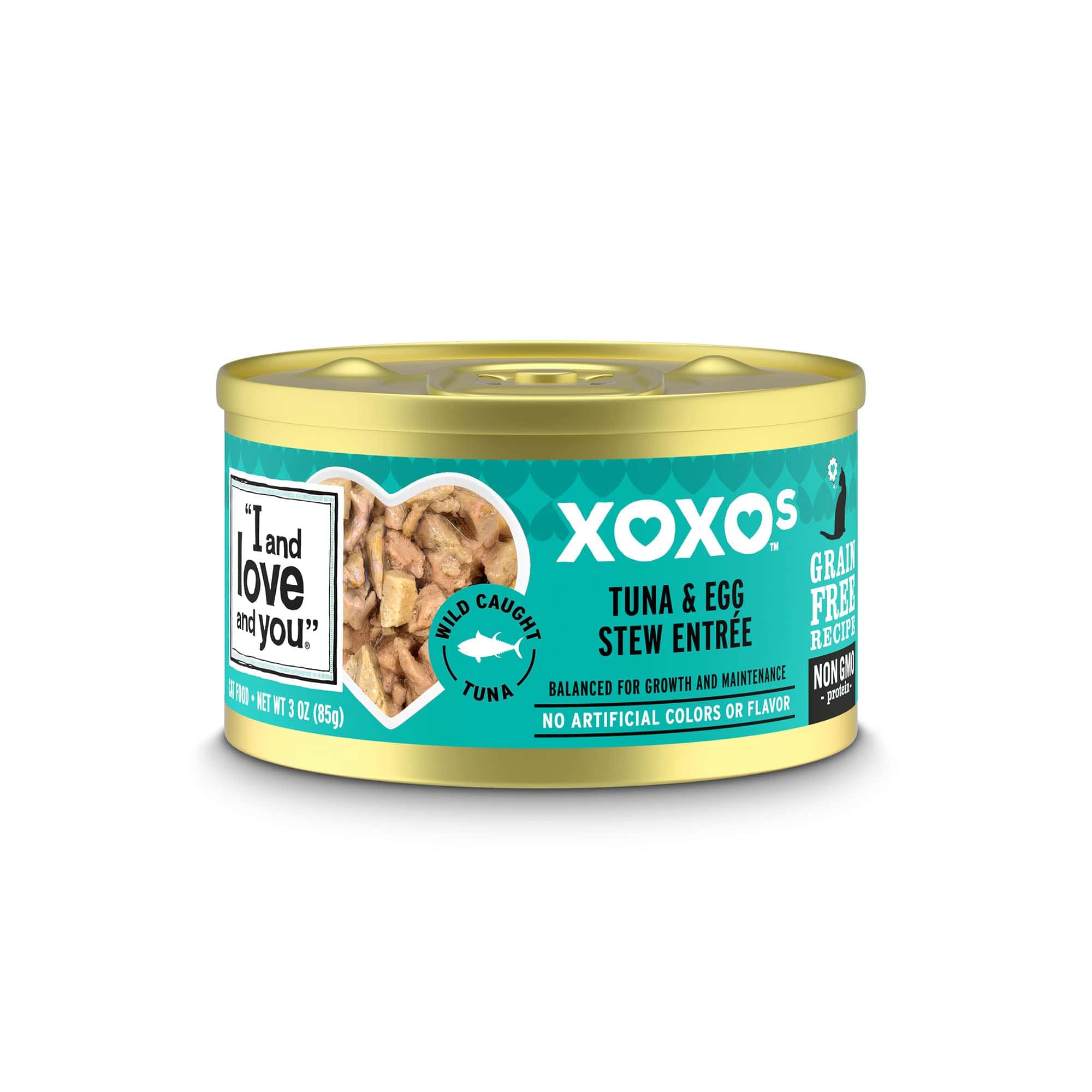 A can of XOXOs Tuna & Egg Stew with a label featuring a fish logo and text.