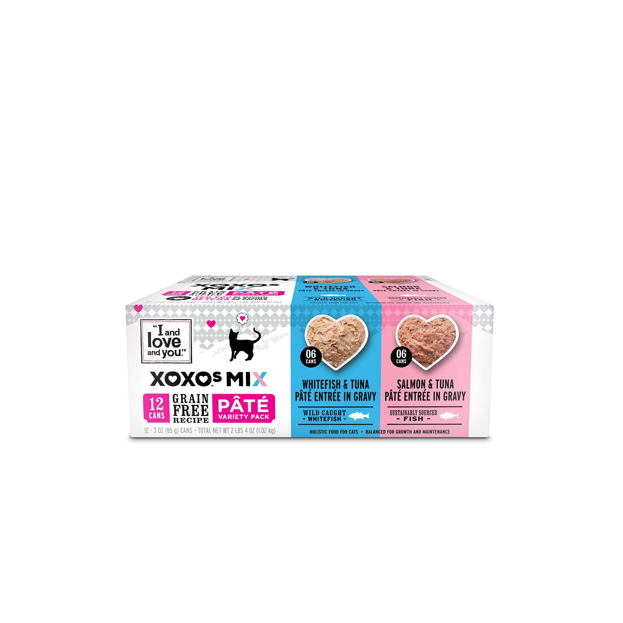 XOXOs Salmon & Whitefish Pate Variety Pack - A box of cat food with heart-shaped bowls of savory pâté, complete & balanced for your feline friend.