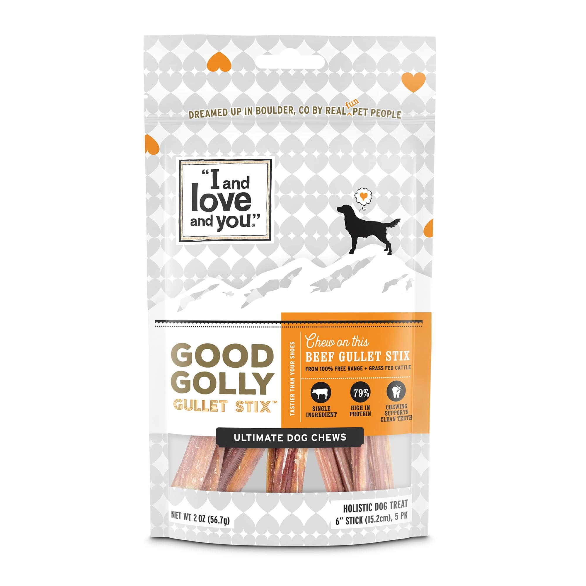 Good Golly Gullet Stix package with dog chews and silhouette of a dog, label on a dog chew, and logo close-up.