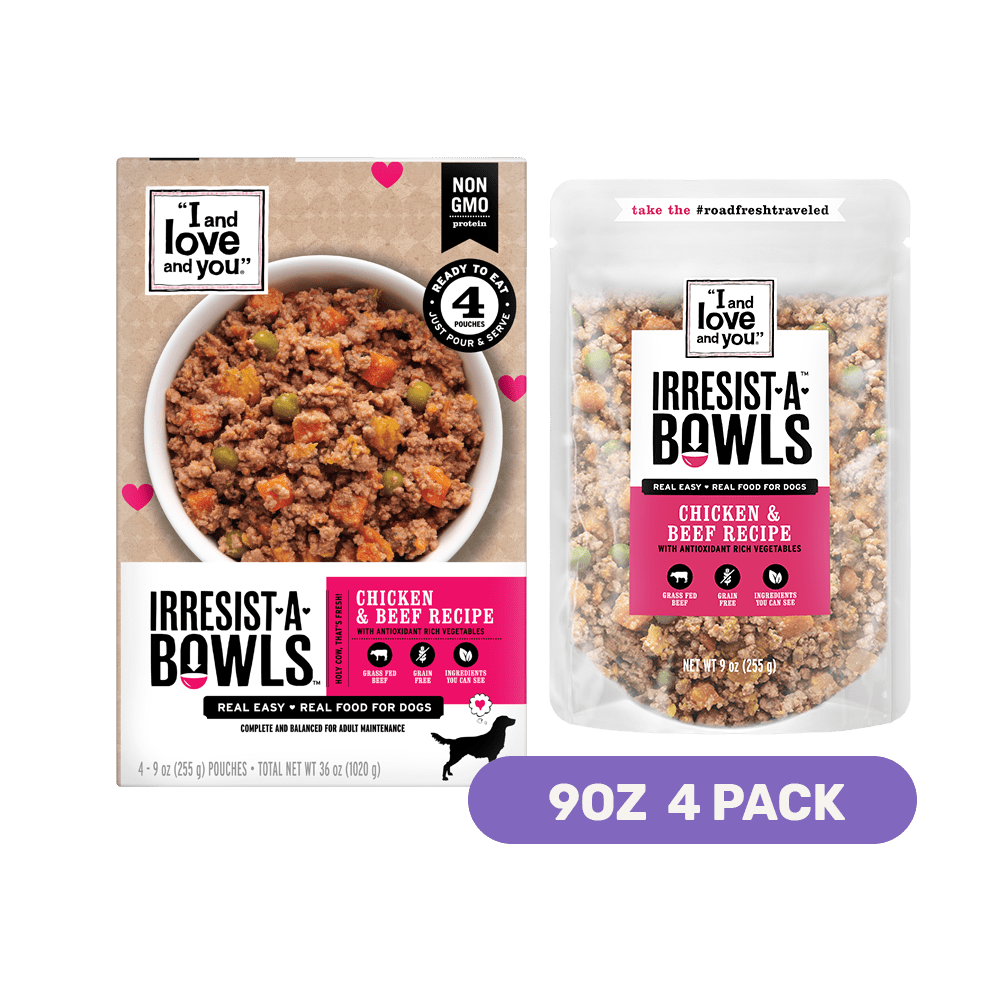 Irresist-A-Bowls pouches with chicken, beef, and veggies for your pet's mealtime delight.