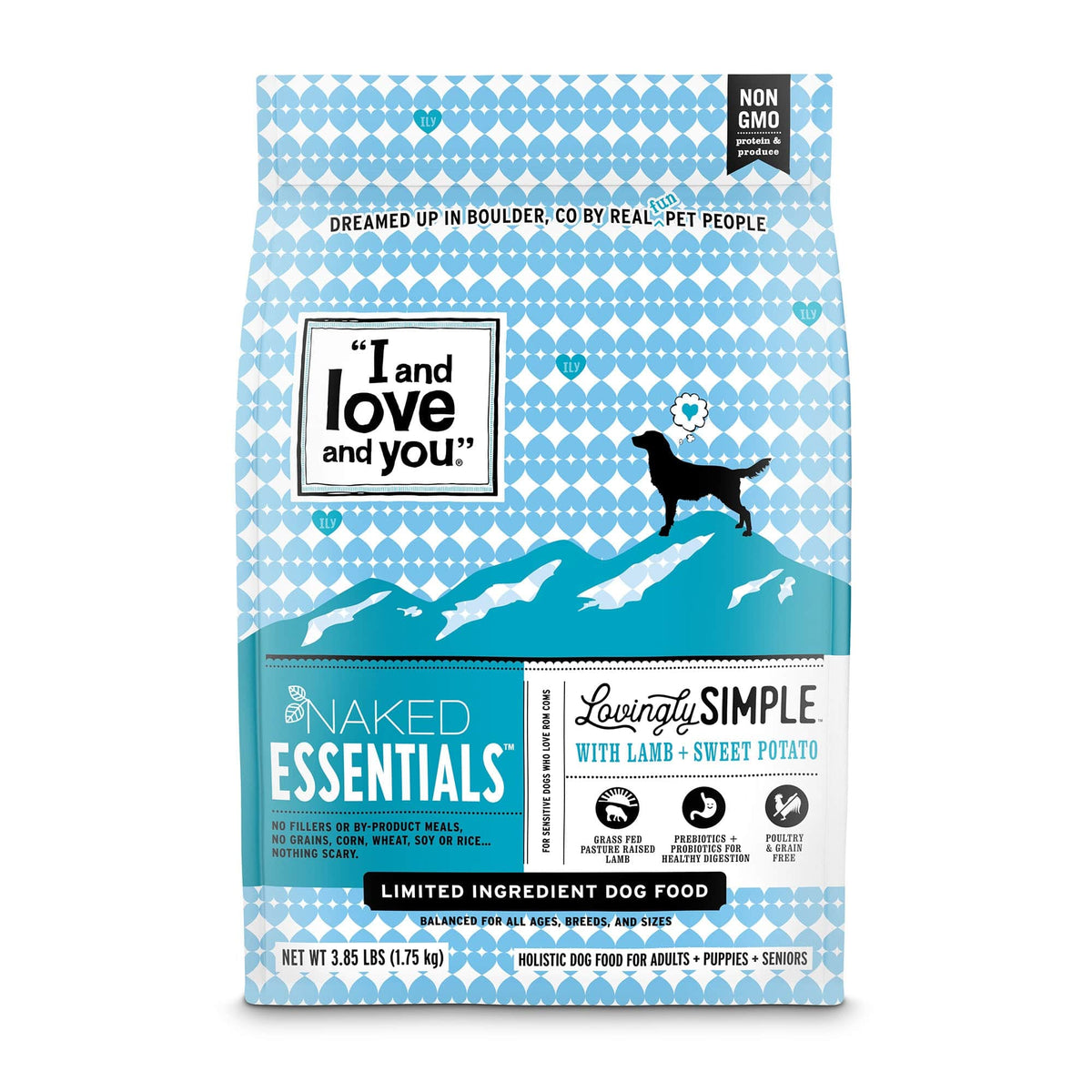 Lovingly Simple - Lamb + Sweet Potato dog food bag with a silhouette of a dog and a heart in a thought bubble.