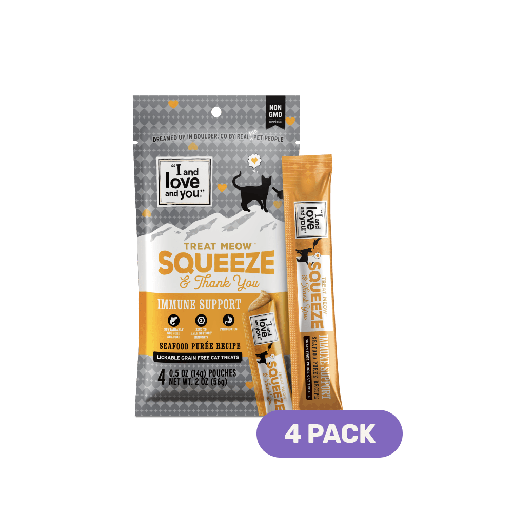Treat Meow Squeeze & Thank You pouch of cat food with immune support label and close-up details.