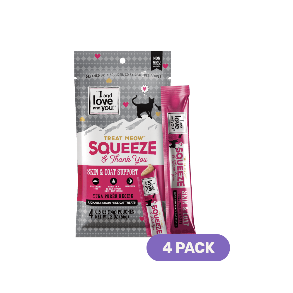 Pack of Treat Meow Squeeze & Thank You Skin & Coat Support cat food pouches with wild-caught tuna for shiny coat and healthy skin.