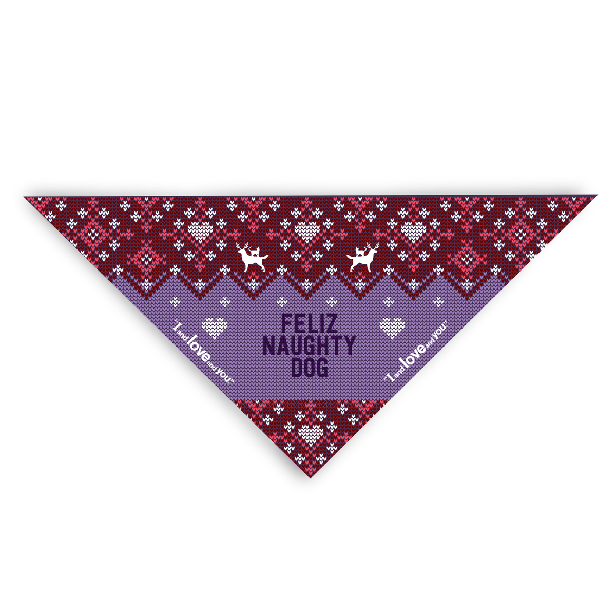 Feliz Naughty Dog Bandana featuring a festive pattern with reindeer and hearts, perfect for holiday ugly sweater parties.